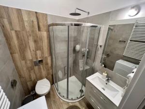 een badkamer met een douche, een toilet en een wastafel bij P&J Apartments Lubicz in Krakau