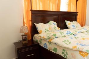 達累斯薩拉姆的住宿－Amazoon，一张带木制床头板和枕头的床