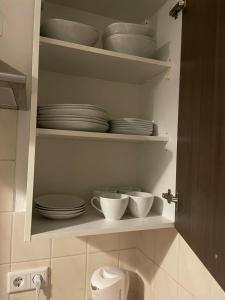 a kitchen with plates and bowls on a shelf at Wohnung im Rebenring in Braunschweig
