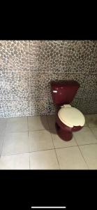 a bathroom with a red toilet and a tile wall at Lees' Beach House in Garita