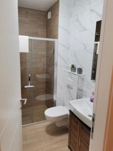 a bathroom with a shower and a toilet and a sink at Apartment Banja Luka in Banja Luka
