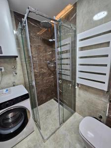 a shower in a bathroom with a washing machine at Hedonica 2 New Apartment in Vrdnik