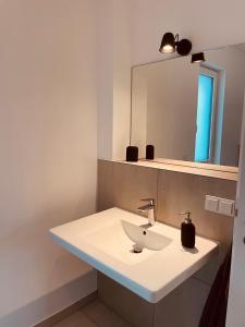 a bathroom with a white sink and a mirror at Romantisches wohnen in Worms