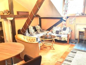 Zimmer mit Sofas, einem Tisch und einem Tisch in der Unterkunft Reiterhof Aumühle in Oberaula