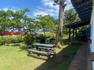 une table de pique-nique et un banc à côté d'un arbre dans l'établissement Suítes Pé na Areia, à Barra do Sahy