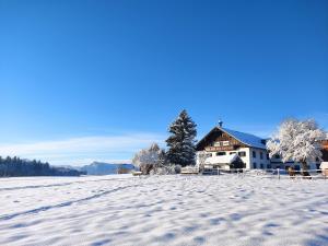 a snow covered field with a house in the background at Bauernhofferien Oberdürnberg in Seekirchen am Wallersee