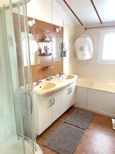 a bathroom with a sink and a shower at Chalet au bord du Lac de Guerlédan in Caurel