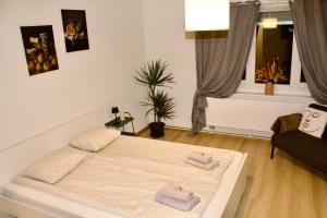 a bedroom with a bed and a couch and a window at Apartments zum Bühlhof (Julie) in Zurich