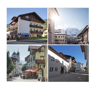 four different pictures of different buildings in a town at Appartements Krautgasser in San Candido