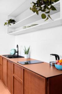 a kitchen counter with a sink and a bowl of fruit at Good Spot Zieleniec Comfort Eco 01 in Duszniki Zdrój