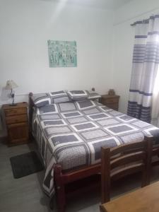 Schlafzimmer mit einem Bett, einem Tisch und Vorhängen in der Unterkunft Hostal Tía Dora in San Salvador de Jujuy