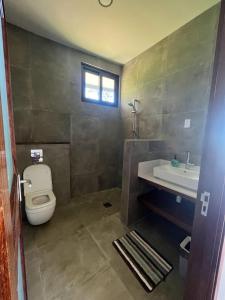 baño con aseo y lavabo y ventana en Houttuyn Wellness River Resort en Paramaribo