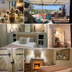 a collage of pictures of a bedroom and a living room at Bed & Breakfast Les Hauts de Cagnes vue mer et montagne in Cagnes-sur-Mer