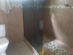 a bathroom with a shower and a toilet at Kailas Guest in Queensburgh