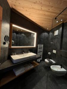 a bathroom with a sink and a mirror and a toilet at Chalet Residence Alpinflair in Ortisei