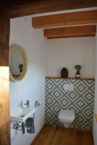 a bathroom with a white toilet and a sink at Ferienwohnung Hofgut in Momlingen +7 photos
