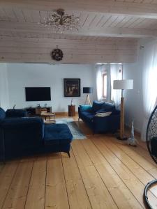 sala de estar con sofás azules y suelo de madera en Villa Marlena en Spytkowice