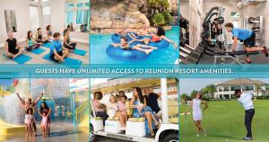 un collage de fotos de personas en un parque acuático en Modern Condo with Large Outdoor Patio. Reunion Resort Water Park Access near Disney at Spectrum Resort Orlando by Rentyl - B31 #134, en Kissimmee