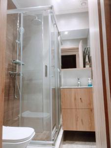 4U SuperCentral,seaside,cosy family apartment في سلانيك: حمام مع دش ومرحاض ومغسلة