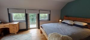 een slaapkamer met een bed, een bureau en ramen bij Shanti ghar house in Cork