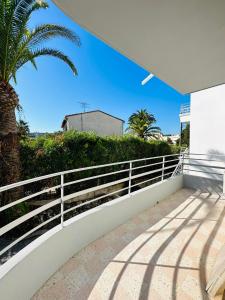 balkon z białym płotem i palmą w obiekcie LOTI w mieście Antibes