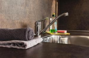 a kitchen sink with a towel sitting next to a faucet at Hausboot Paradise - LP9 in Peenemünde