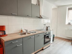 a kitchen with a sink and a stove at Drei Linden Stadtmarkt in Wolfenbüttel