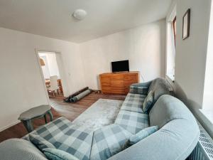 a living room with a couch and a tv at Drei Linden Stadtmarkt in Wolfenbüttel