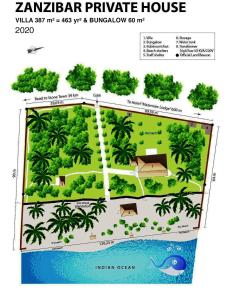 un piano di una casa di ananas con una mappa di PRIVATE BEACH BUNGALOW ZERO MINUTE to beach Matemwe a Gazija