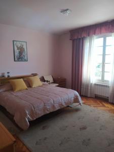 um quarto com uma cama grande e uma janela em La maison d'Abelleira em Puenteareas