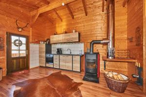 - une cuisine avec un poêle à bois dans une cabine dans l'établissement Pröllerhütte, 