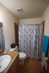 a bathroom with a toilet and a shower curtain at Home near Balloon Fiesta Park! in Albuquerque