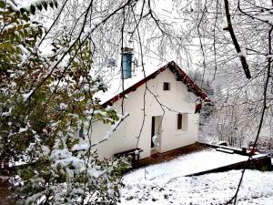 una pequeña casa blanca con nieve en el suelo en Les habitats de la chaume, en Plainfaing