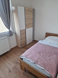 um quarto com uma cama e uma porta de vidro deslizante em Ferienwohnung Tihana em Trossingen