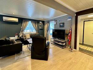 a living room with a couch and a television at Panorama Valley Lofoten in Bøstad