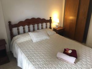 1 dormitorio con 1 cama grande y 2 toallas. en Amplio Depa en centro Tucuman en San Miguel de Tucumán
