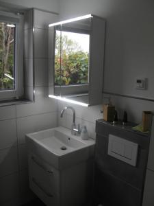 a bathroom with a sink and a mirror and a window at Ferienwohnung Glücksmomente in Habichtswald
