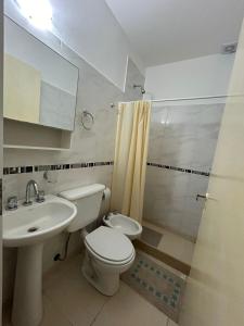 a bathroom with a toilet and a sink and a shower at Edificio Misionero Klein in Resistencia