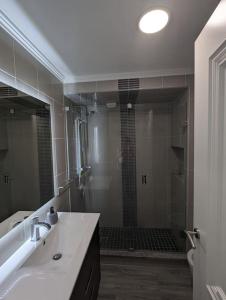 a bathroom with a shower and a sink and a mirror at Bela Vista Solmar 3 B/R in Ponta Delgada +16 photos