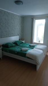 KloosterburenにあるDesokkeraai - Sauna & Hottub privé appartement in schuurのベッドルーム1室(大きな緑色のベッド1台、窓付)
