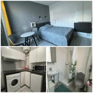 eine Küche und ein Schlafzimmer mit einem Bett und einem Tisch in der Unterkunft Studio à 7 min du métro Le Kremlin-Bicêtre - proche Paris in Villejuif