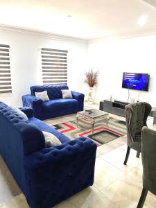ein Wohnzimmer mit blauen Sofas und einem TV in der Unterkunft CHRIS SPORSHE in Abuja