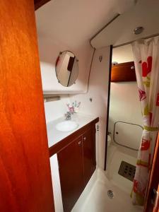 uma casa de banho com um lavatório e um chuveiro num trailer em Bateau double cabine proche de la plage em Gourbeyre