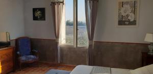 a bedroom with a window and a bed and a chair at Les Oliviers De Notre Dame in Mazan