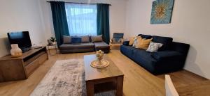 a living room with a black couch and a tv at Lotus Apartman I in Odorheiu Secuiesc