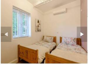 a bedroom with two beds and a window at Lillibelles lodge,Oak tree farm in Ashford