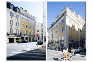 Zwei Bilder von einem Gebäude und einer Frau, die eine Straße hinuntergeht. in der Unterkunft Casas da Baixa - Lighthouse Apartments in Lissabon