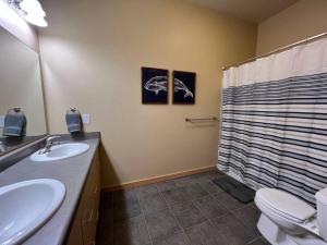 y baño con aseo, lavabo y ducha. en Cannery Square Unit - 106 by Patriot Properties, en Sun Prairie