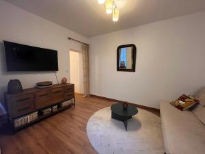 ein Wohnzimmer mit einem Sofa und einem Flachbild-TV in der Unterkunft L'ARCADE in Louhans