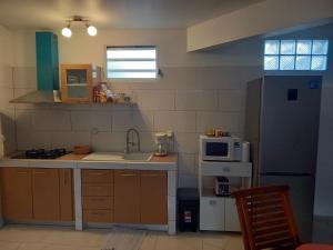 a kitchen with a sink and a refrigerator and a microwave at Location Les Arômes Anse Mitan Trois Ilets Martinique in Les Trois-Îlets
